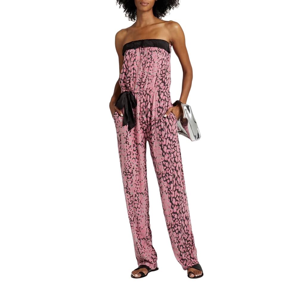 ATM ANTHONY THOMAS MELILLO Ruffle Trim Pink Leopard Jersey Jumpsuit Size Small